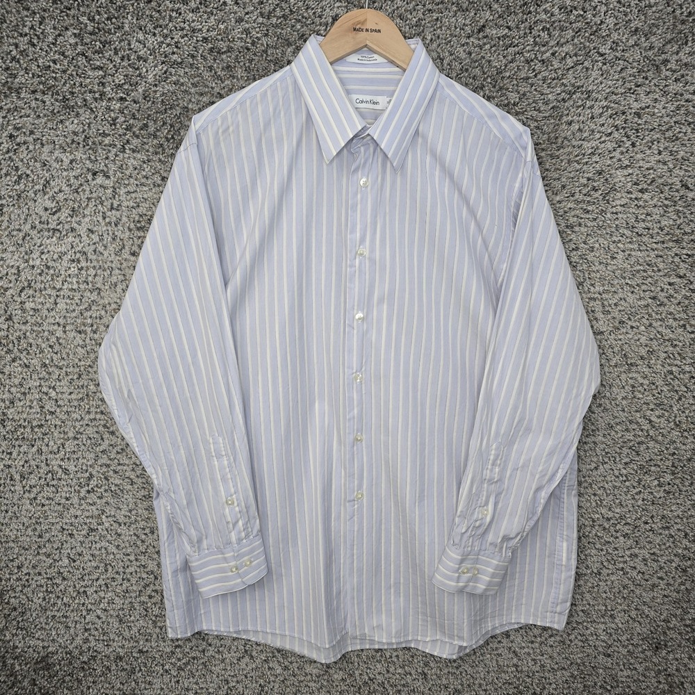 Calvin Klein Dress Shirt Mens 17 32/33 Blue Striped Button Up Cotton Long Sleeve